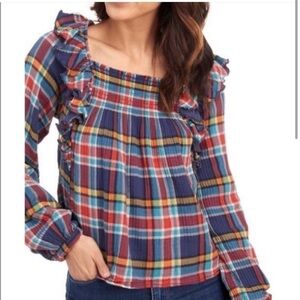 New Free People Sienna Plaid Pullover Top in Navy